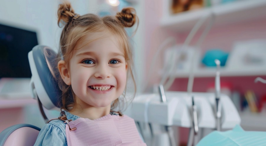 Happy child smiling in the dental chair during paediatric dentistry